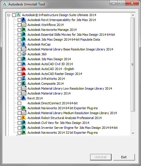 Choosing applications to uninstall from the Autodesk Uninstall Tool