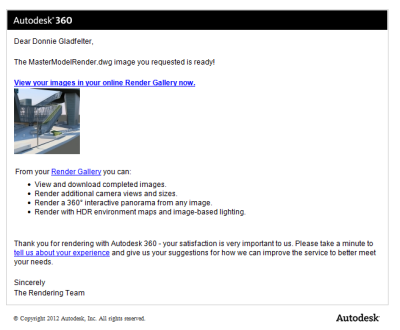 Autodesk 360 Rendering Complete Email